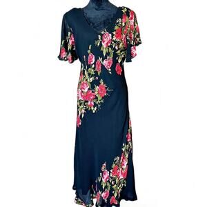 American Angel II Black Rose Maxi Dress Flutter Sleeves L/XL